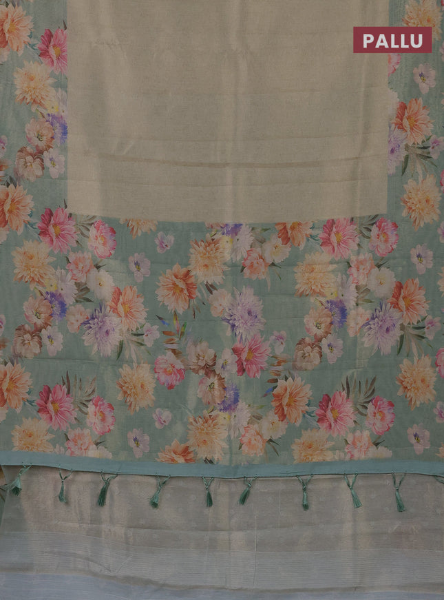 Tissue saree pista green shade and pastel green with allover zari weaves and floral digital printed border