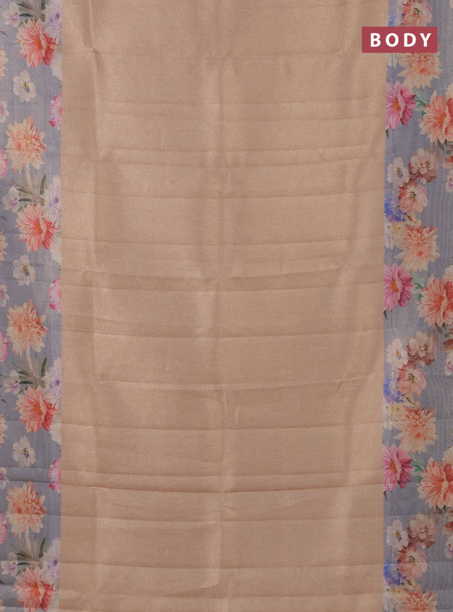 Tissue saree sandal and pastel blue with allover zari weaves and floral digital printed border