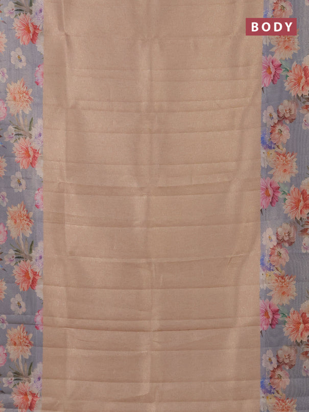 Tissue saree sandal and pastel blue with allover zari weaves and floral digital printed border