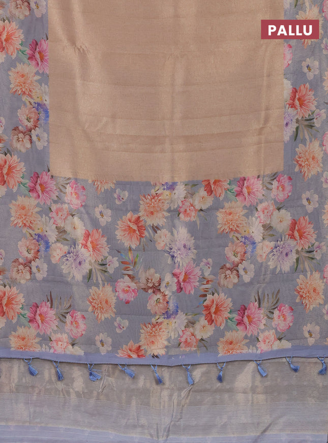 Tissue saree sandal and pastel blue with allover zari weaves and floral digital printed border