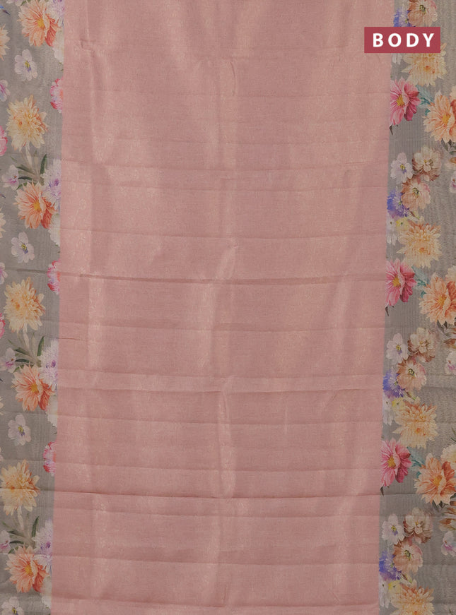 Tissue saree pastel peach and grey with allover zari weaves and floral digital printed border