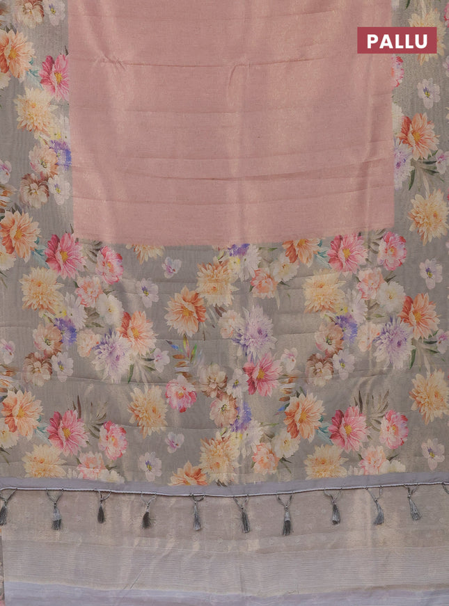 Tissue saree pastel peach and grey with allover zari weaves and floral digital printed border