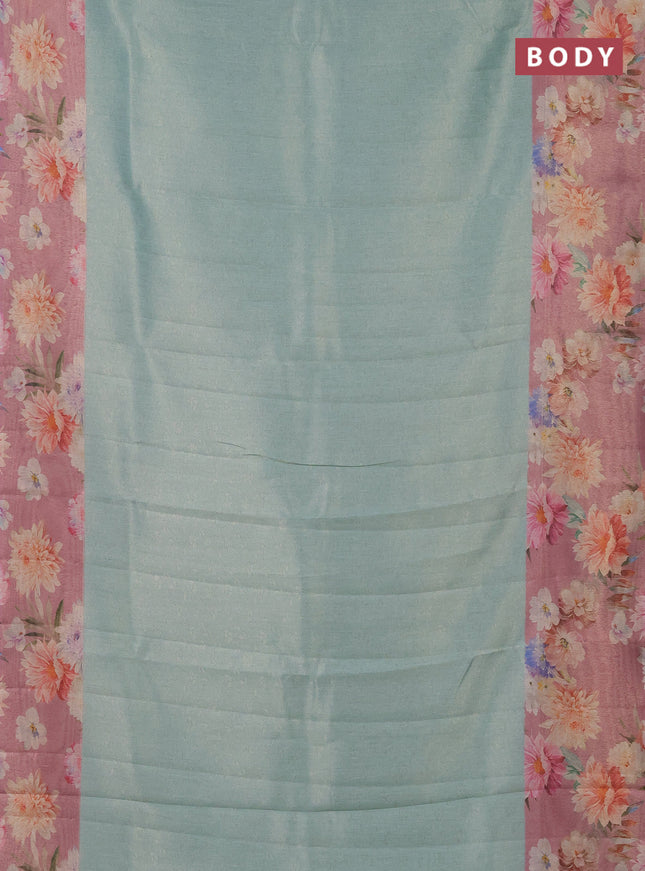 Tissue saree teal shade and pink with allover zari weaves and floral digital printed border