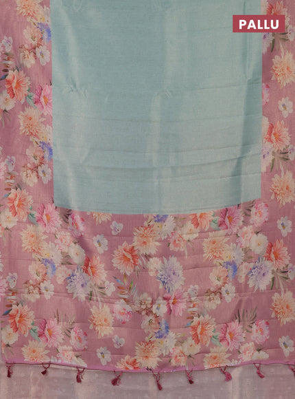Tissue saree teal shade and pink with allover zari weaves and floral digital printed border