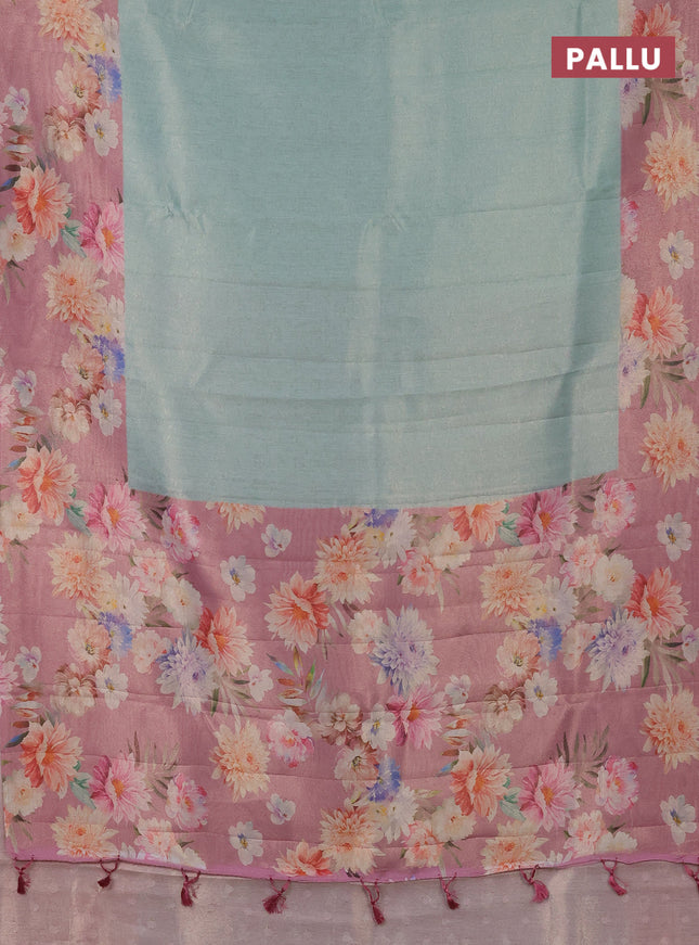 Tissue saree teal shade and pink with allover zari weaves and floral digital printed border