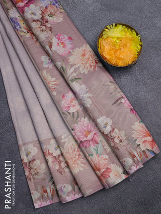 Tissue saree pastel lavender and pastel pink with allover zari weaves and floral digital printed border