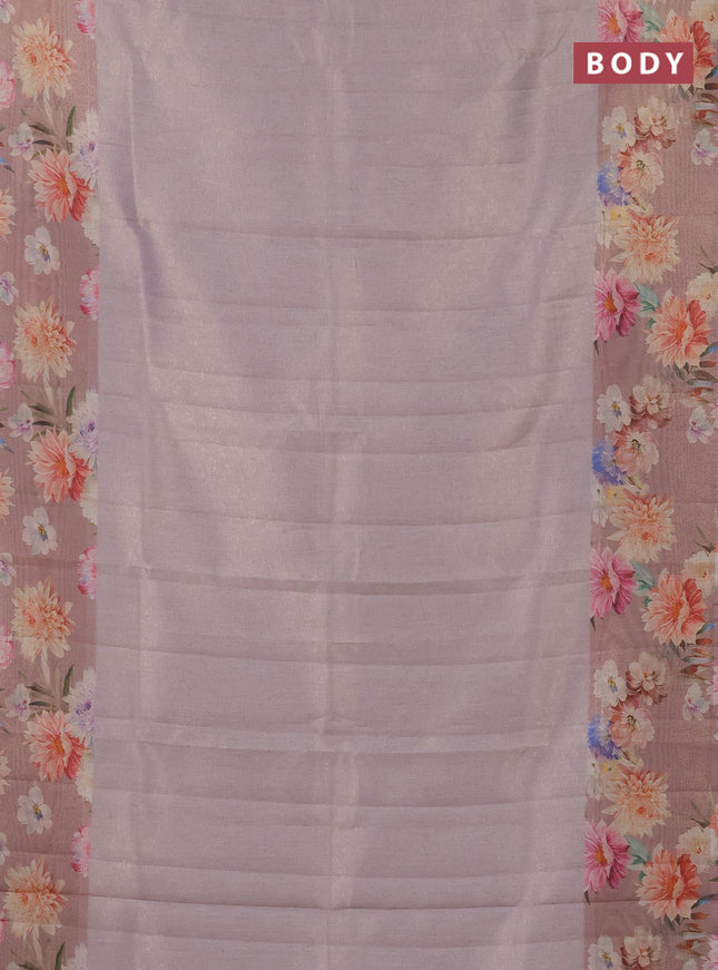 Tissue saree pastel lavender and pastel pink with allover zari weaves and floral digital printed border