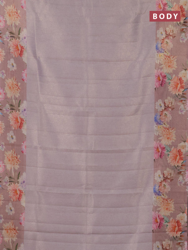 Tissue saree pastel lavender and pastel pink with allover zari weaves and floral digital printed border