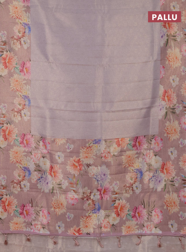 Tissue saree pastel lavender and pastel pink with allover zari weaves and floral digital printed border