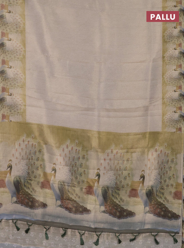 Tissue saree beige with allover zari weaves and digital printed border