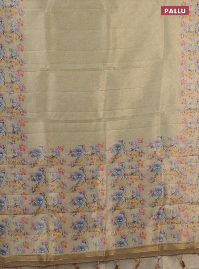 Tissue saree gold with allover zari weaves and floral digital printed border
