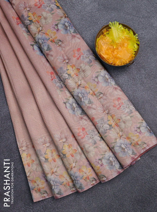 Tissue saree peach orange with allover zari weaves and floral digital printed border