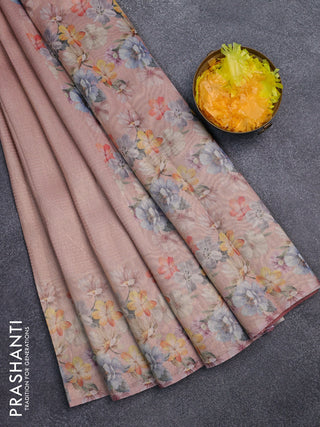 Tissue saree peach orange with allover zari weaves and floral digital printed border