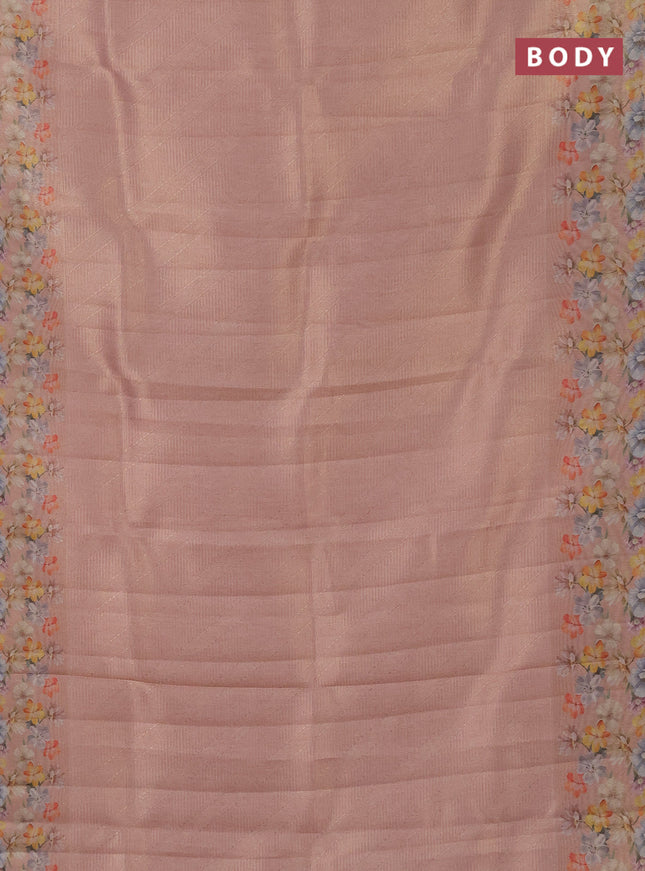 Tissue saree peach orange with allover zari weaves and floral digital printed border