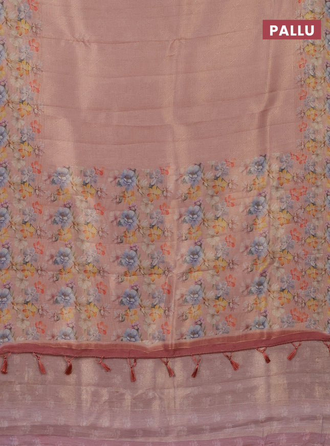 Tissue saree peach orange with allover zari weaves and floral digital printed border