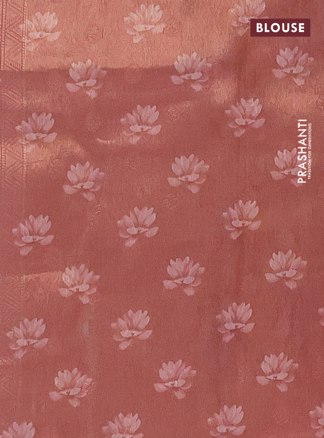 Tissue saree peach orange with allover zari weaves and floral digital printed border