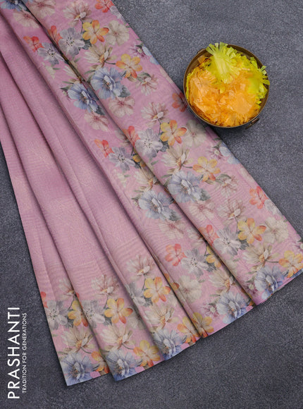 Tissue saree light pink with allover zari weaves and floral digital printed border
