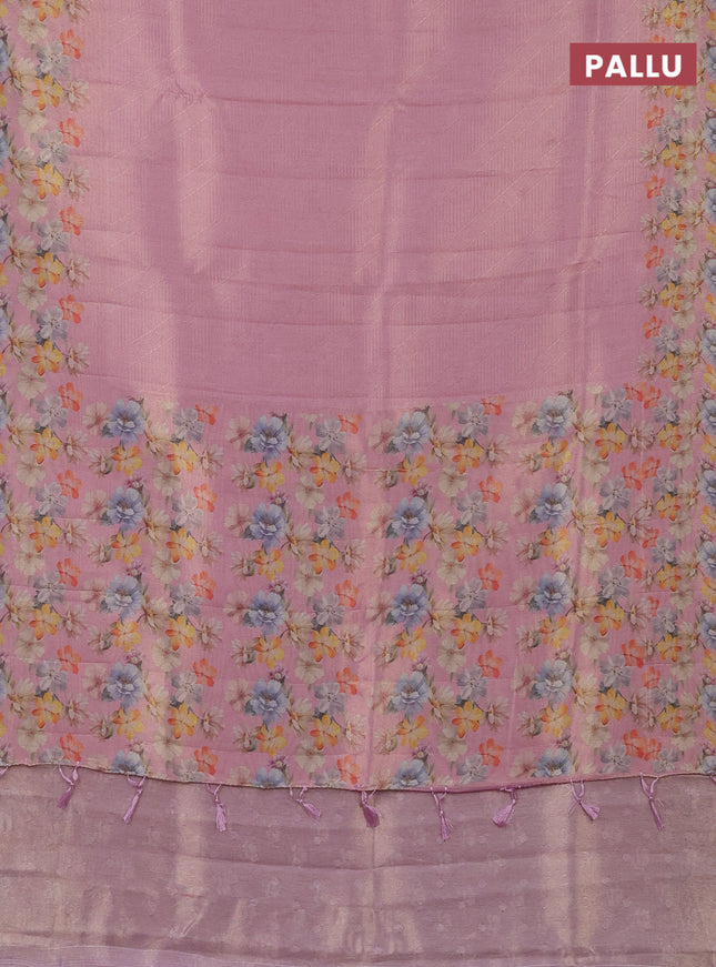 Tissue saree light pink with allover zari weaves and floral digital printed border