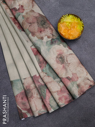 Tissue saree beige with allover zari weaves and floral digital printed border