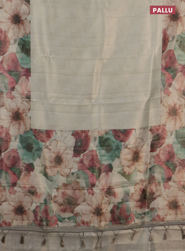 Tissue saree beige with allover zari weaves and floral digital printed border