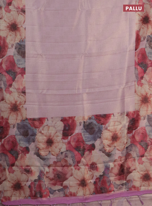 Tissue saree light pink with allover zari weaves and floral digital printed border