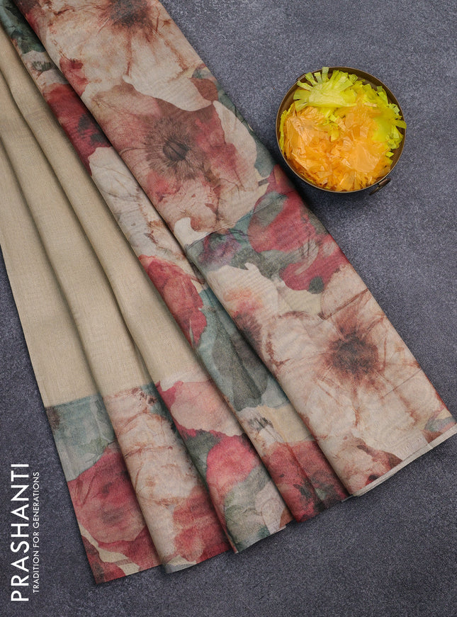 Tissue saree sandal with allover zari weaves and floral digital printed border