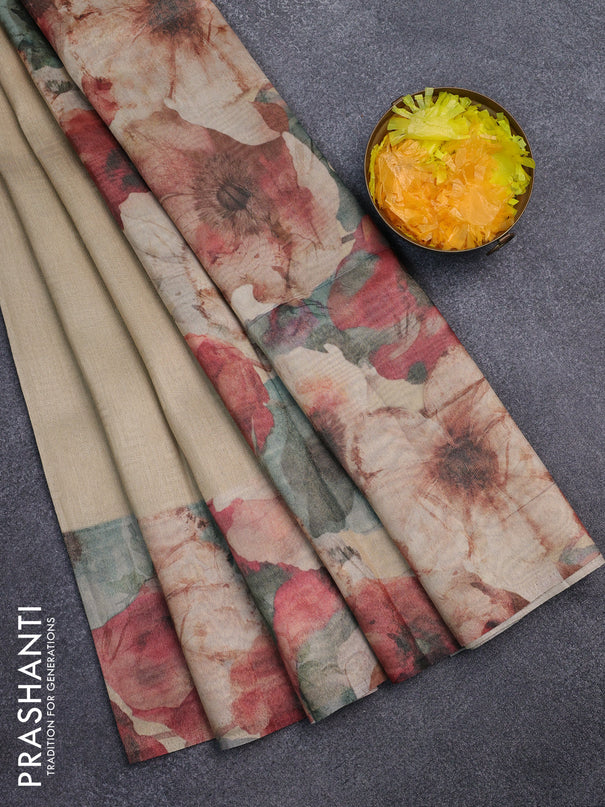 Tissue saree sandal with allover zari weaves and floral digital printed border