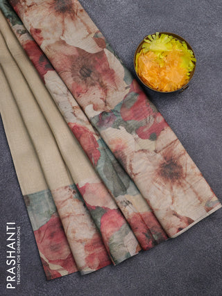 Tissue saree sandal with allover zari weaves and floral digital printed border