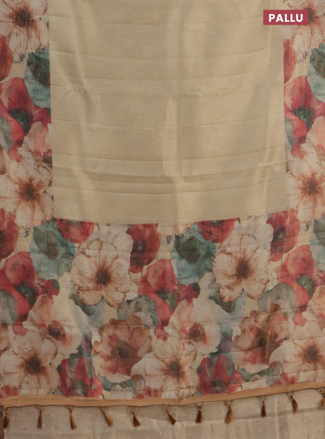 Tissue saree sandal with allover zari weaves and floral digital printed border