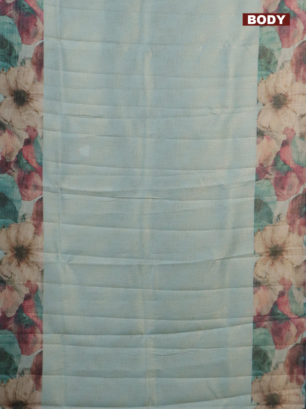Tissue saree teal blue with allover zari weaves and floral digital printed border