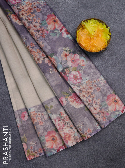 Tissue saree beige and violet with allover zari weaves and floral digital printed border