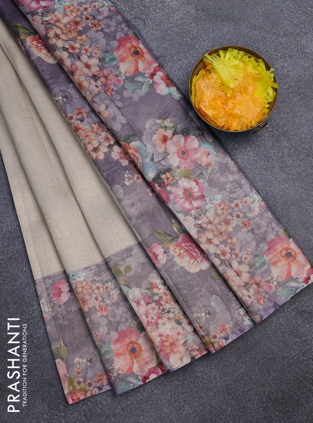 Tissue saree beige and violet with allover zari weaves and floral digital printed border