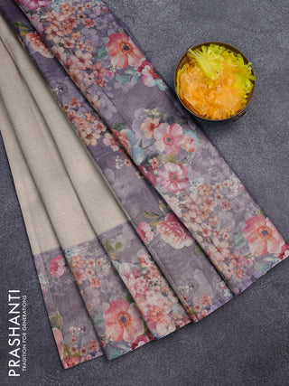Tissue saree beige and violet with allover zari weaves and floral digital printed border
