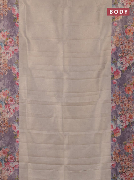 Tissue saree beige and violet with allover zari weaves and floral digital printed border