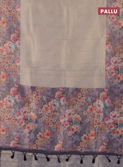 Tissue saree beige and violet with allover zari weaves and floral digital printed border