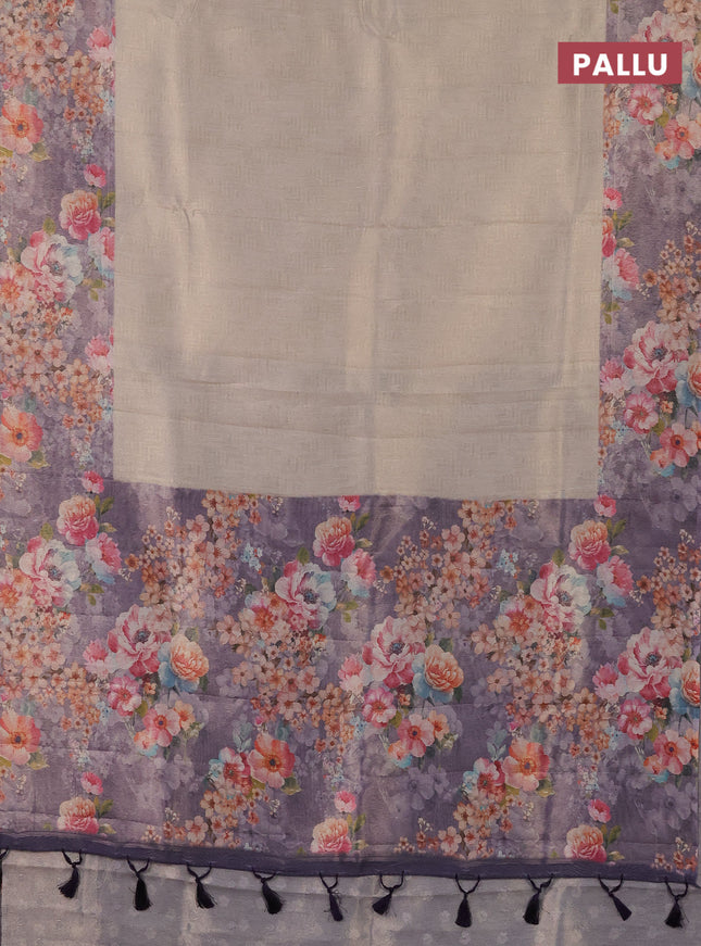 Tissue saree beige and violet with allover zari weaves and floral digital printed border