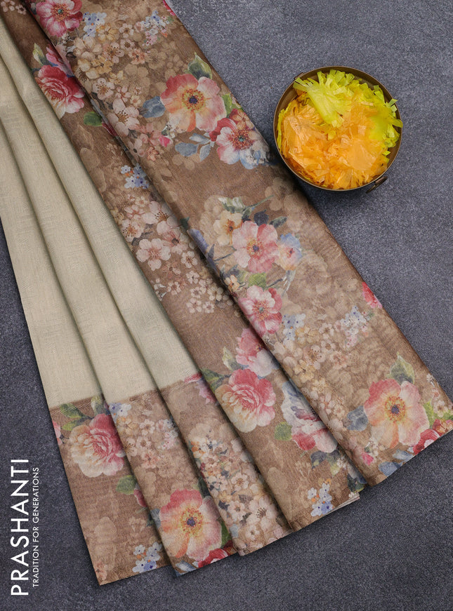 Tissue saree sandal and brown with allover zari weaves and floral digital printed border