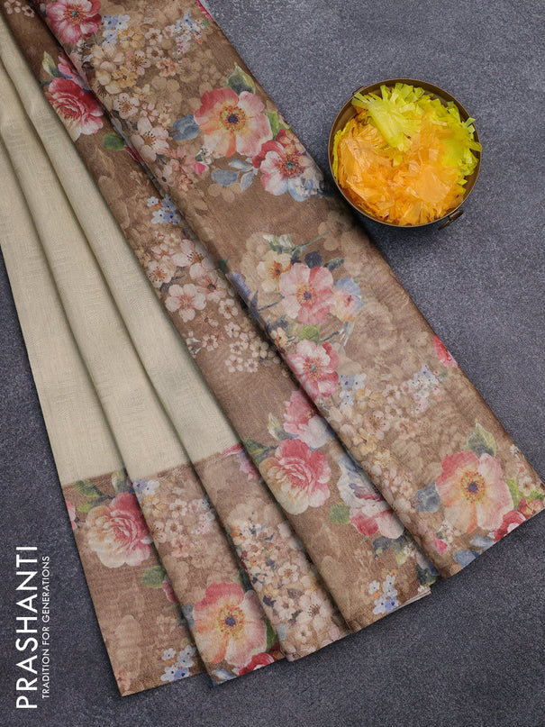 Tissue saree sandal and brown with allover zari weaves and floral digital printed border