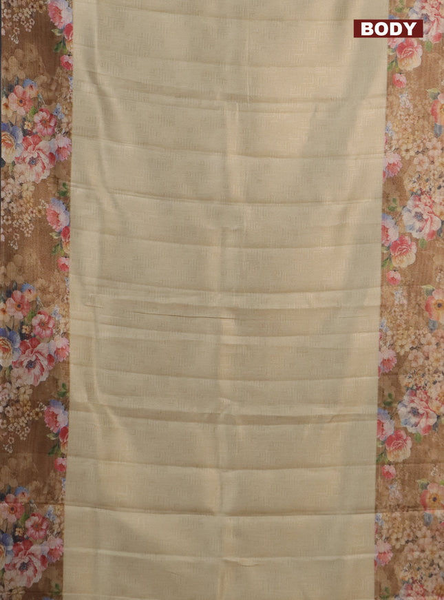 Tissue saree sandal and brown with allover zari weaves and floral digital printed border