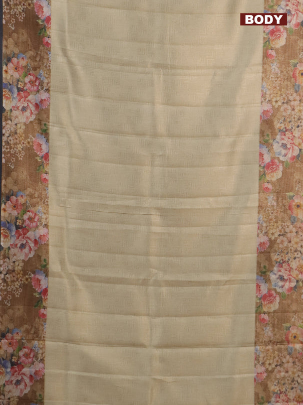 Tissue saree sandal and brown with allover zari weaves and floral digital printed border