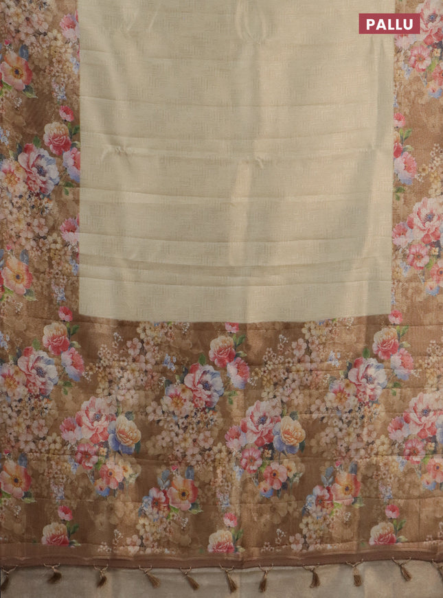 Tissue saree sandal and brown with allover zari weaves and floral digital printed border