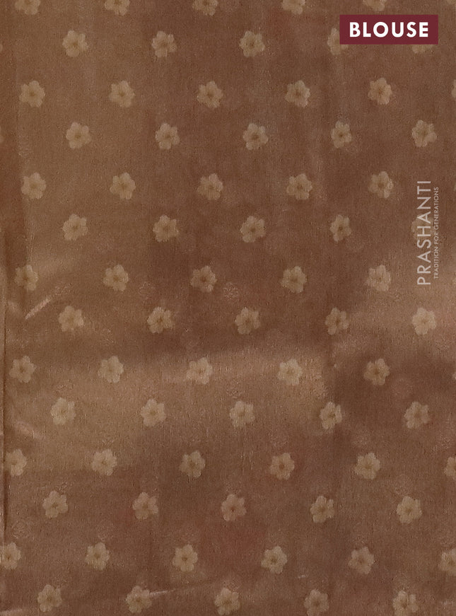 Tissue saree sandal and brown with allover zari weaves and floral digital printed border