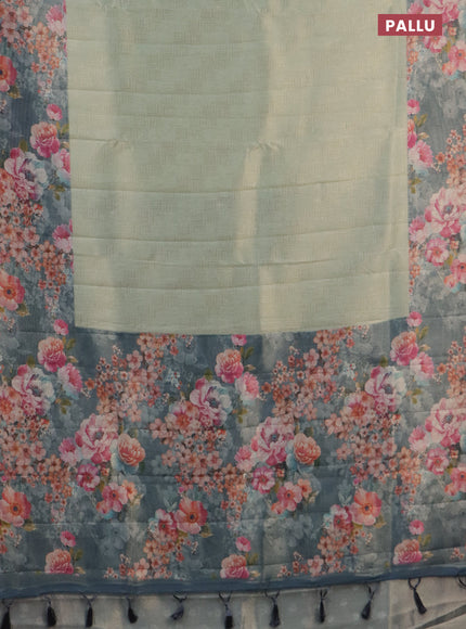 Tissue saree pista green and grey with allover zari weaves and floral digital printed border