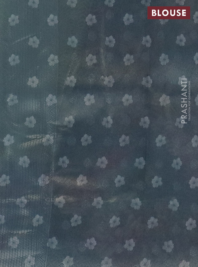 Tissue saree pista green and grey with allover zari weaves and floral digital printed border