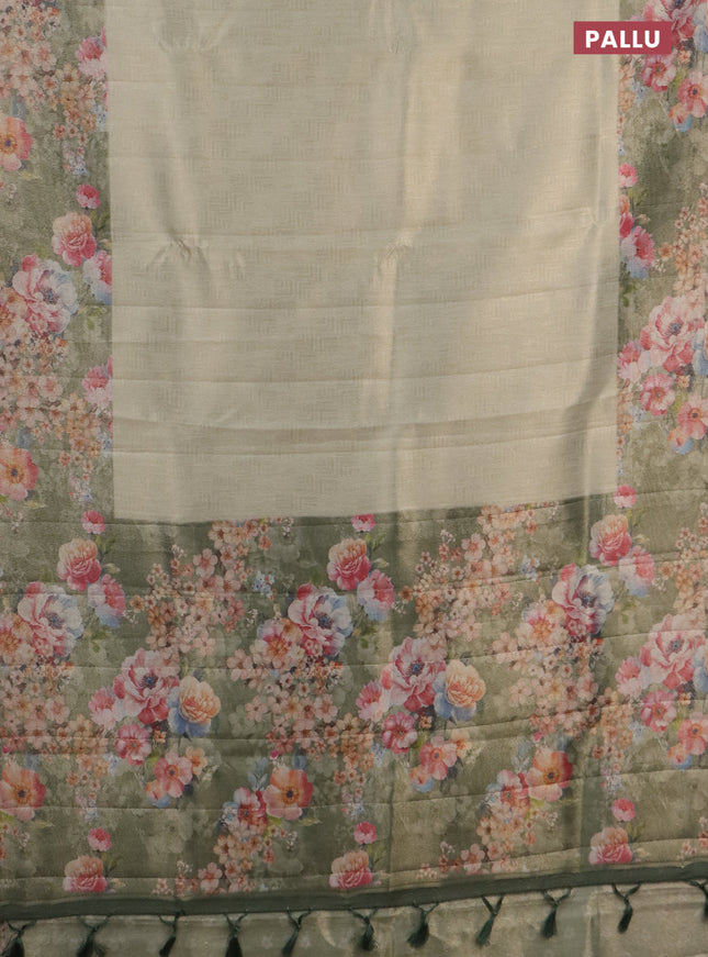 Tissue saree pastel pista green and green shade with allover zari weaves and floral digital printed border