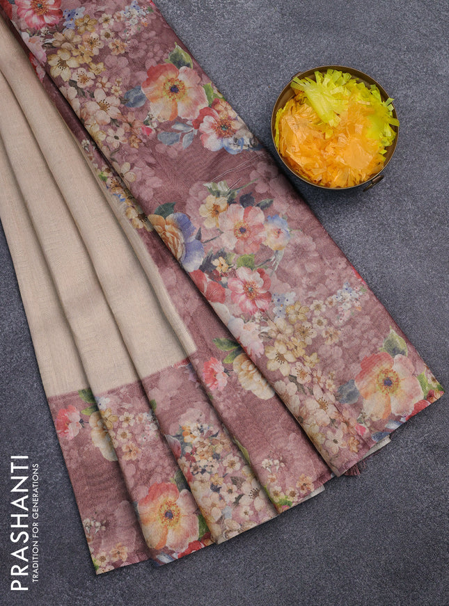 Tissue saree sandal and pastel brown with allover zari weaves and floral digital printed border