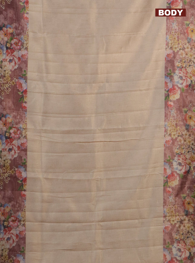 Tissue saree sandal and pastel brown with allover zari weaves and floral digital printed border