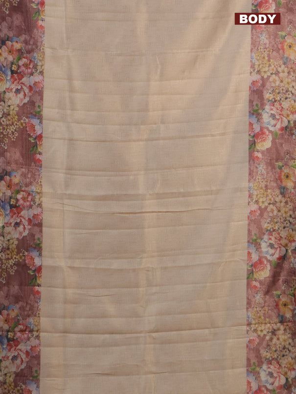 Tissue saree sandal and pastel brown with allover zari weaves and floral digital printed border