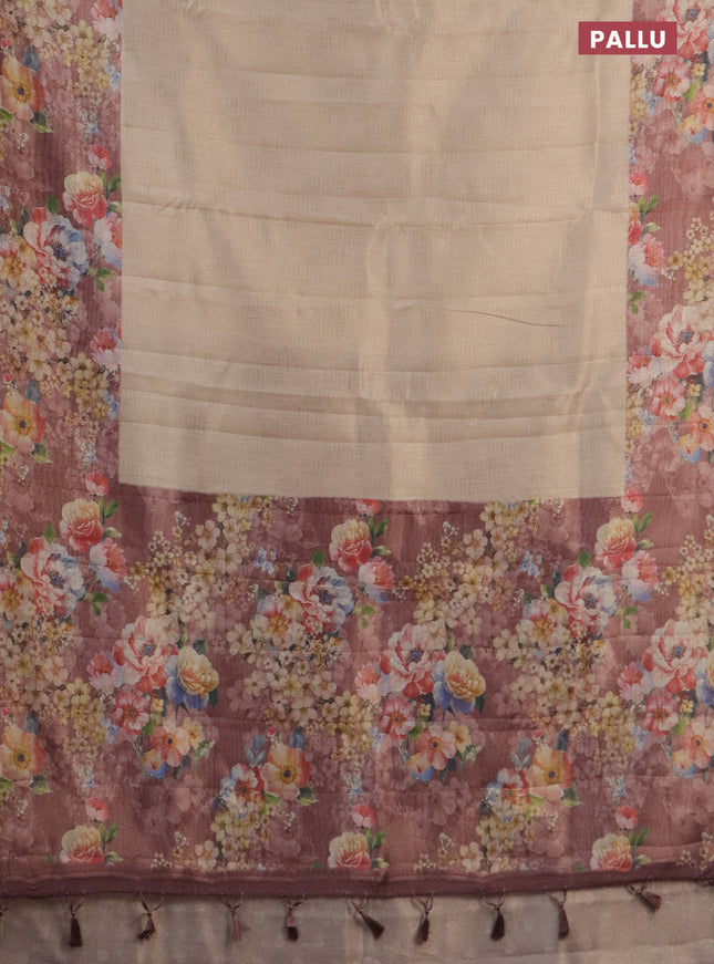 Tissue saree sandal and pastel brown with allover zari weaves and floral digital printed border