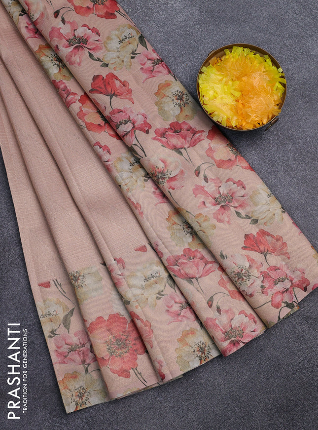 Tissue saree mild peach with allover zari weaves and floral digital printed border